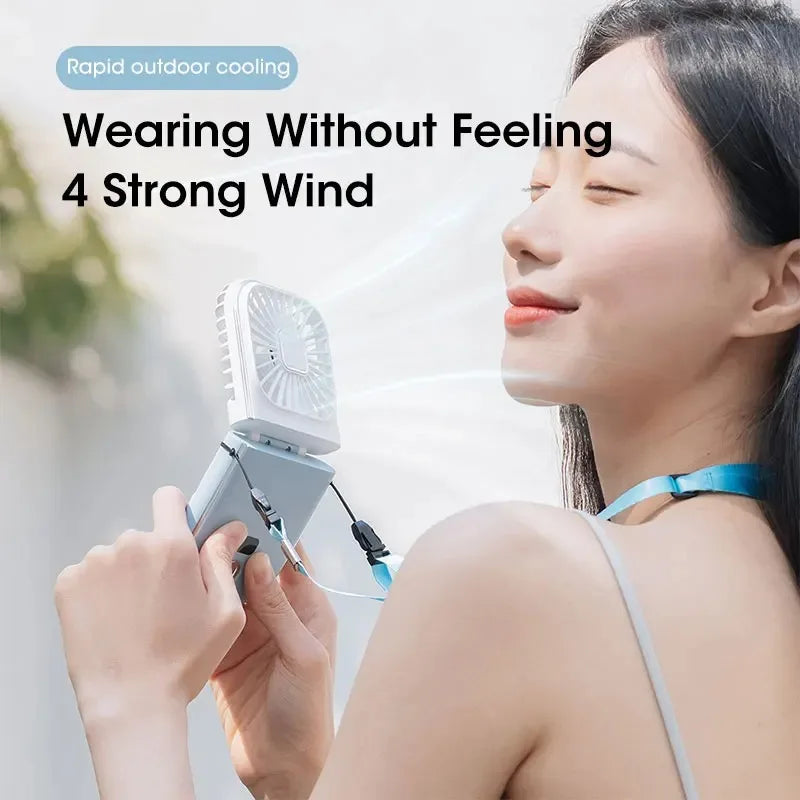 Portable 180° Rotation Neck Fan USB Rechargeable Foldable Mute Cooling with Phone Holder Power Bank Digital Display Peaceful Pleasures Health and Wellness