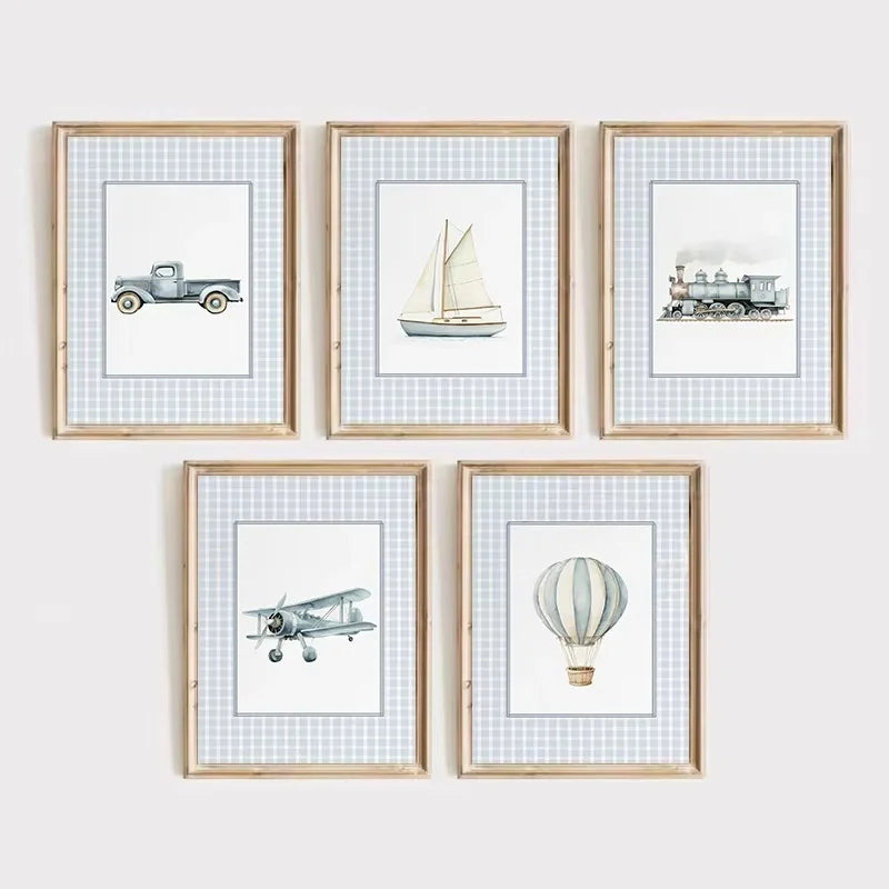 Vintage Travel Nordic Canvas Wall Art | Balloon Plane Train
