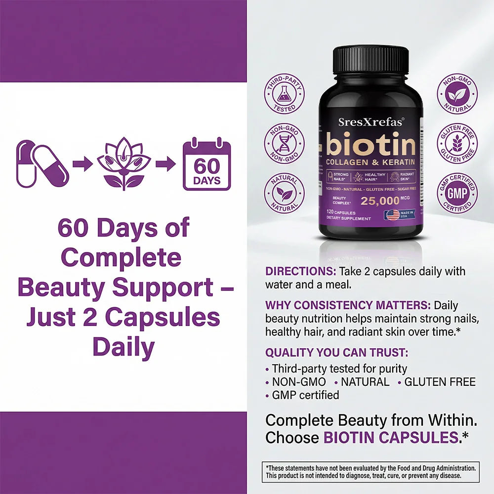 Biotin 25000mcg Collagen & Keratin | Hair Skin Nails – 120 Caps