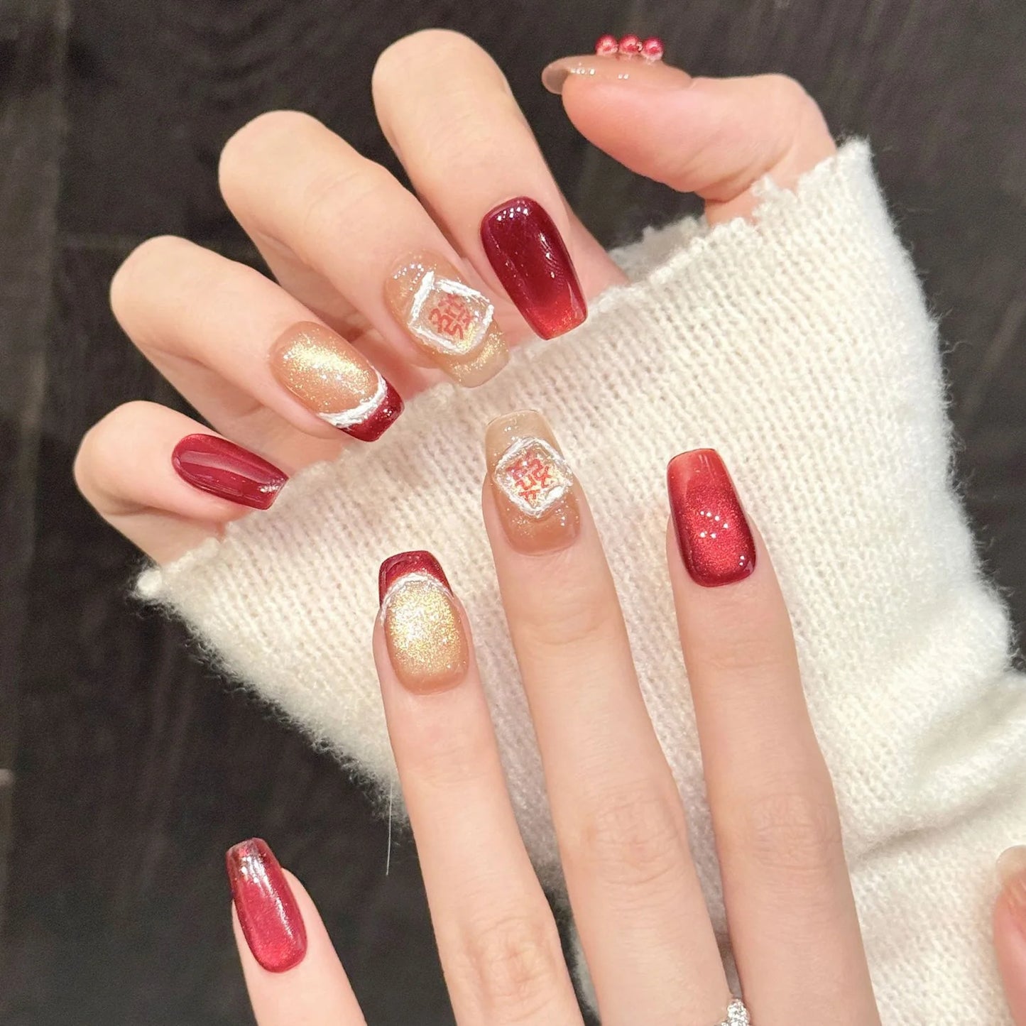 10pcs Handmade New Year Press on Nails 3D Decor Red Gold Cat's Eye Fake Nails Wearable Ins Sweet French False Nails Detachable Peaceful Pleasures Health and Wellness M 1