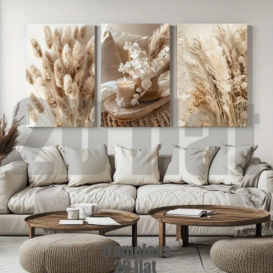 3-Piece Beige Plant Triptych Canvas Wall Art | Unframed Set Canvas Wall Art Set Peaceful Pleasures Health and Wellness