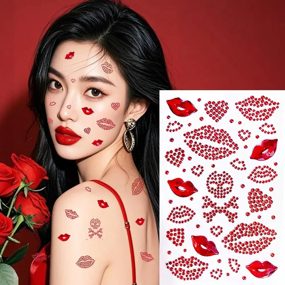 Red Heart & Lips Rhinestone Tattoos Self-Adhesive Glitter Face & Body Makeup Stickers Valentine's Day Face Gems Party Supplies Peaceful Pleasures Health and Wellness