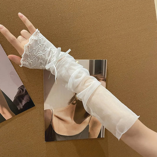 Kawaii Lace Ruffle Arm Sleeves – Fishnet Fingerless Gloves Fingerless Arm Sleeves Oasis Select White-A