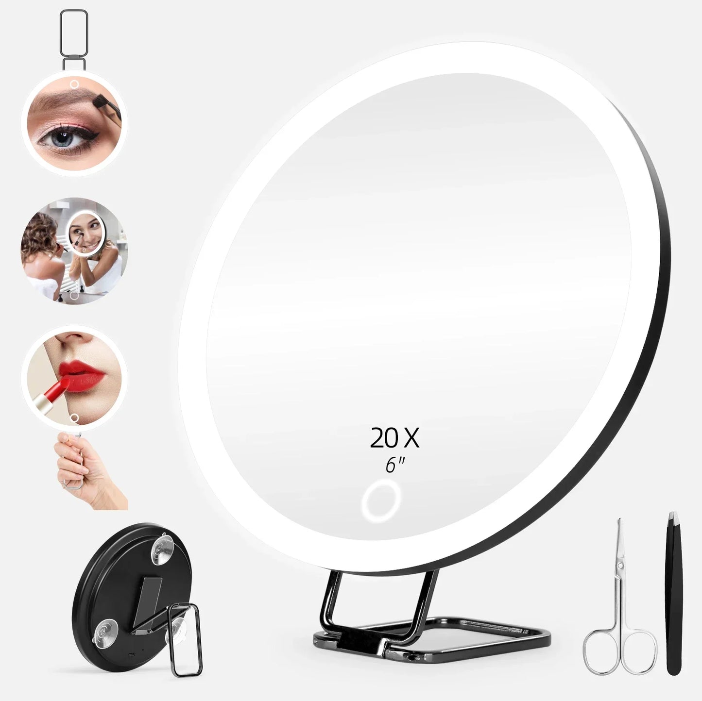 6 Inch Magnifying Mirror with Light 5-30X Portable Travel Magnified Mirror with 360° Adjustable Stand and Suction Cup Peaceful Pleasures Health and Wellness 20X- Black