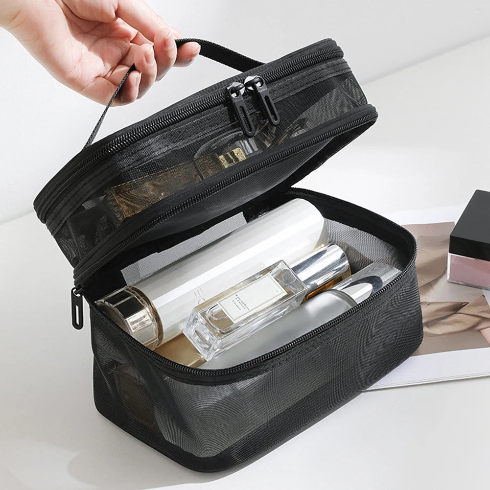 Double Layer Mesh Cosmetic Bag Women's Portable Makeup Toiletry Organiser Pouch With Zipper Large Makeup Pouch For Business Trip Peaceful Pleasures Health and Wellness