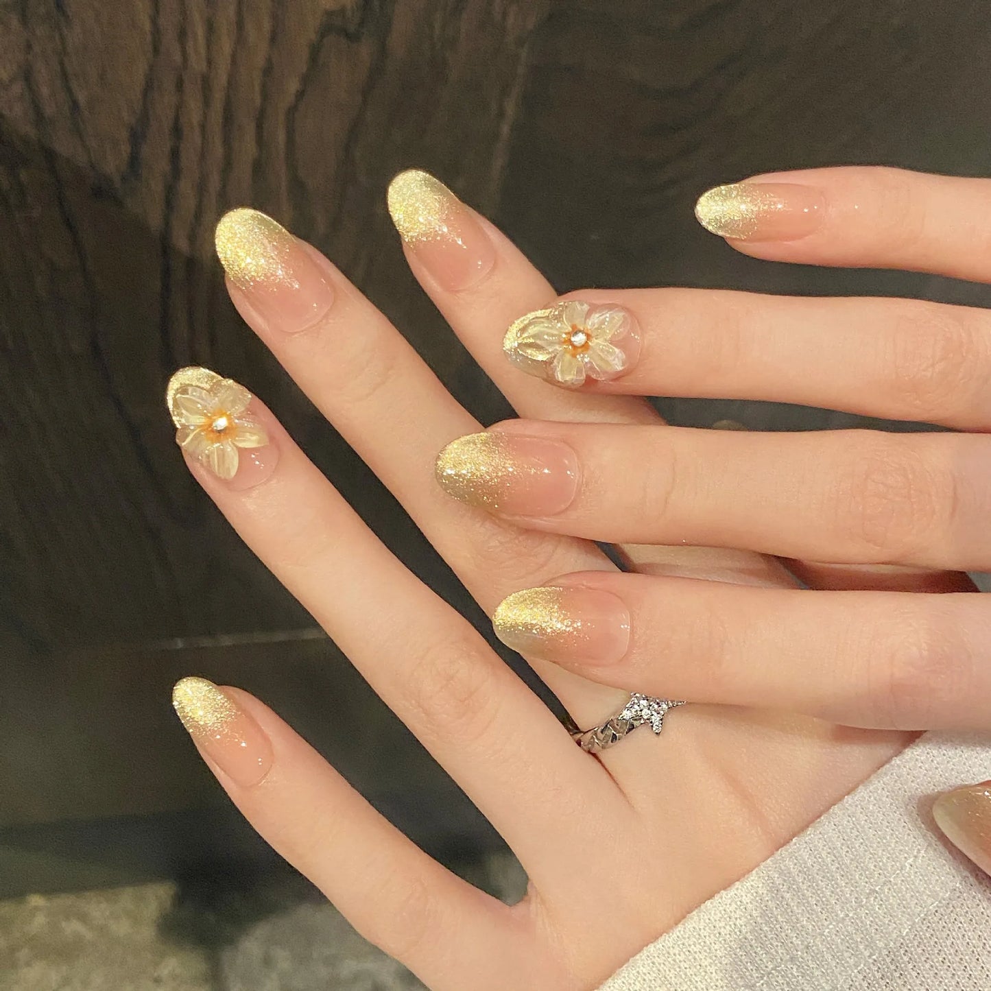 10pcs Handmade Press on Nails Gradient Gold Cat Eye Round Head Fake Nails with Yellow Flower Wearable Reusable False Nail Tips Peaceful Pleasures Health and Wellness XS