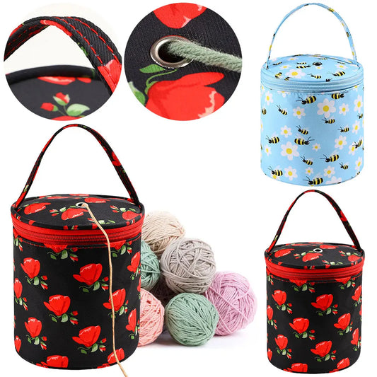 Oxford Yarn Holder Rose Pattern Yarn Storage Tote Bag with Handle Bucket Bag Short Perforated for Hooks Knitting Needles Peaceful Pleasures Health and Wellness