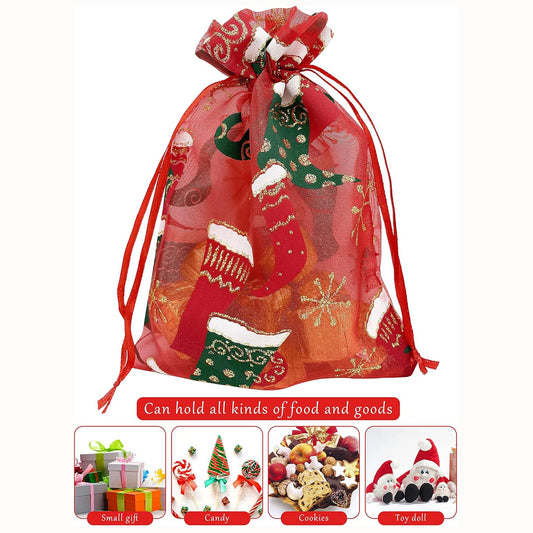 Christmas Drawstring Mesh Gift Bags | Organza Set 3 or 5 Pcs Christmas Gift Bags Peaceful Pleasures Health and Wellness