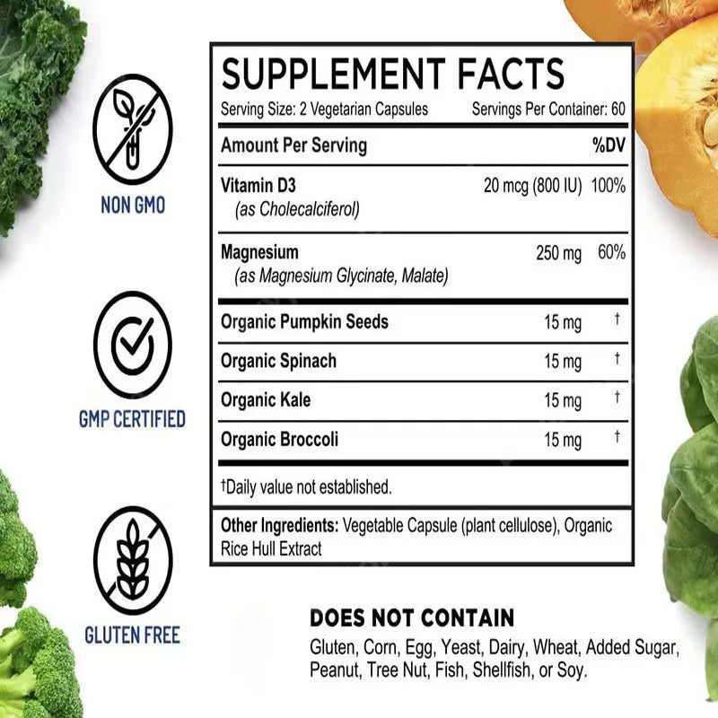 Magnesium Glycinate Malate + Vitamin D3 | 90 Vegetarian Caps