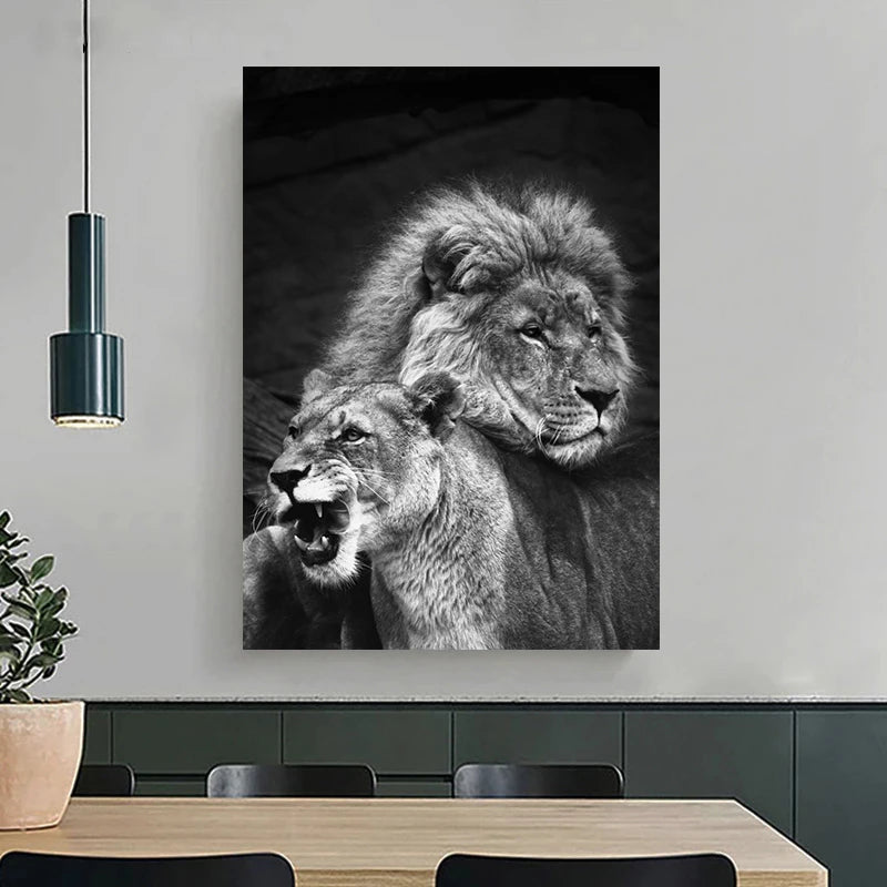 Black and White Animals Lions Family Elephant Giraffe Zebra Wall Poster Prints Canvas Painting Pictures for Kids Room Decor Peaceful Pleasures Health and Wellness