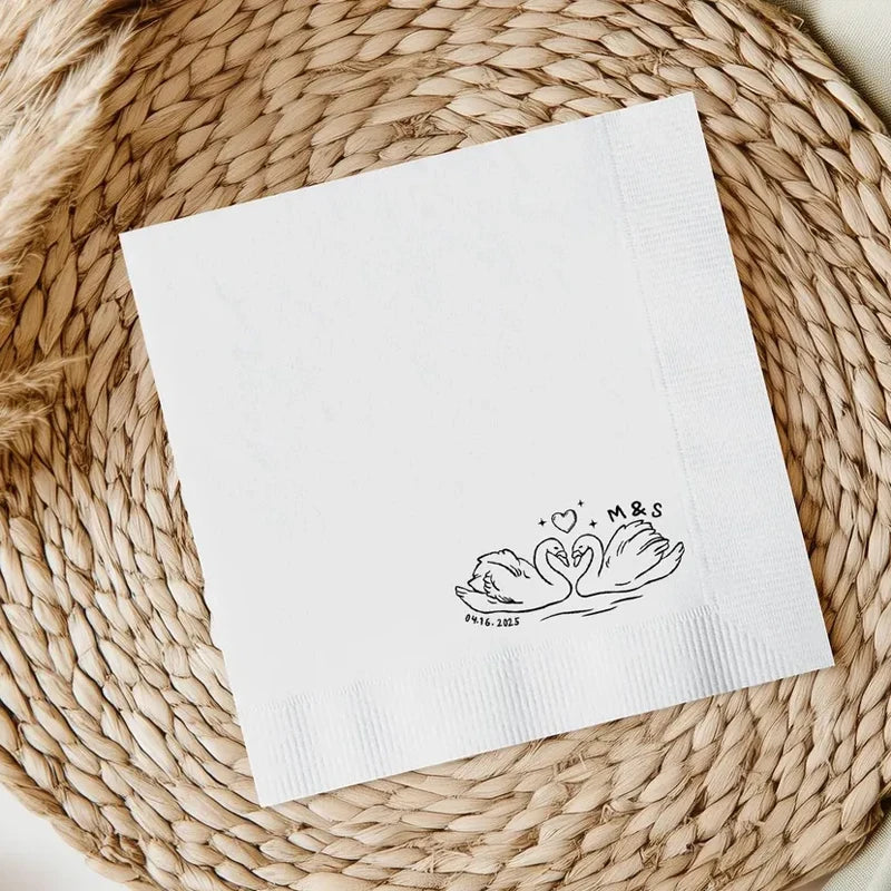 20 Personalized Swan Heart Wedding Napkins | Custom Monogram