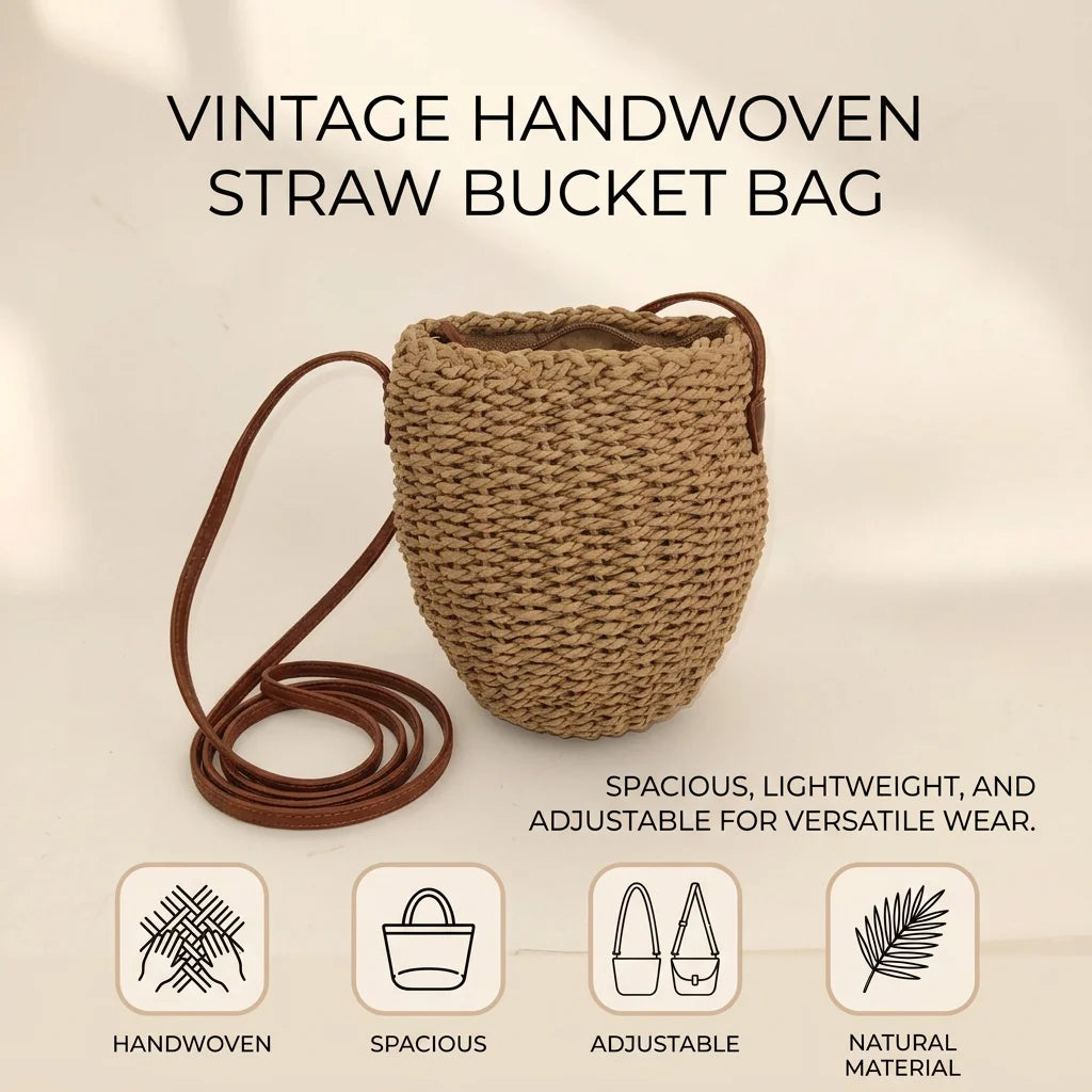 Handwoven Straw Bucket Bag For Women Vintage Style Natural Wicker Crossbody Shoulder Bag With Adjustable Strap Peaceful Pleasures Health and Wellness