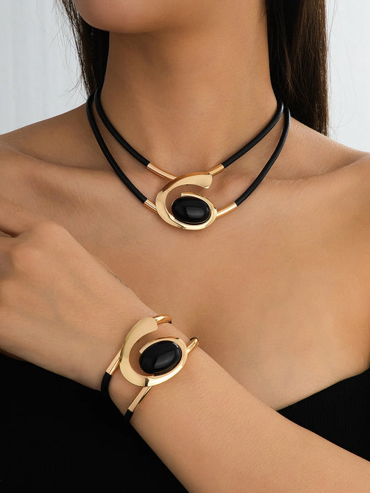1 Set of Versatile Dark Gothic Oval Geometric Double-Layer Bracelet Necklace Set, Versatile Personality Women Jewelry for Women Peaceful Pleasures Health and Wellness