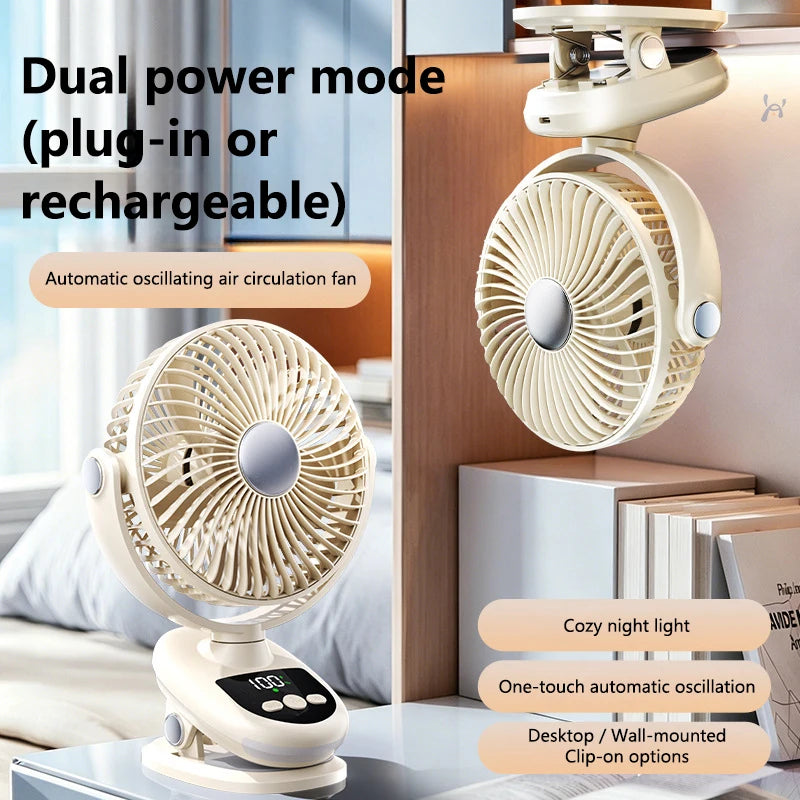 Bedroom Silent Loop Fan USB Charging Automatic Shaking Clip Fan Office Dormitory Desktop Small Fan Peaceful Pleasures Health and Wellness White