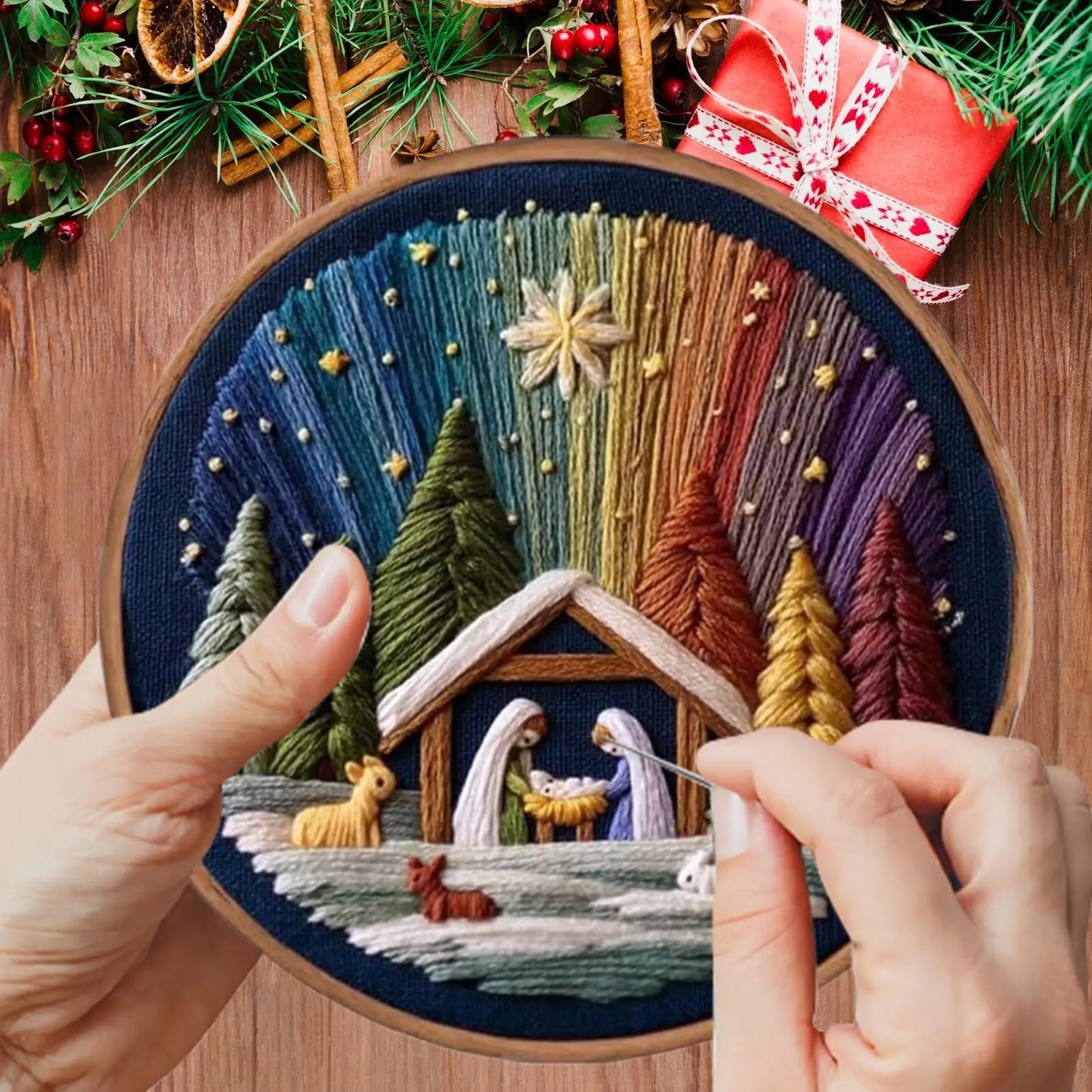 Christmas Embroidery Kit Christmas Nativity Scene Needlework Stamped Embroidery Beginners Kit For Women Girls Festival Halloween Peaceful Pleasures Health and Wellness