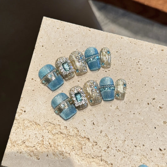 Handmade Press on Nails Glitter Blue Cat Eye Short Fake Nails Full Cover Wearable Super Shiny Gold Crystal Bride False Nail Tips Peaceful Pleasures Health and Wellness M