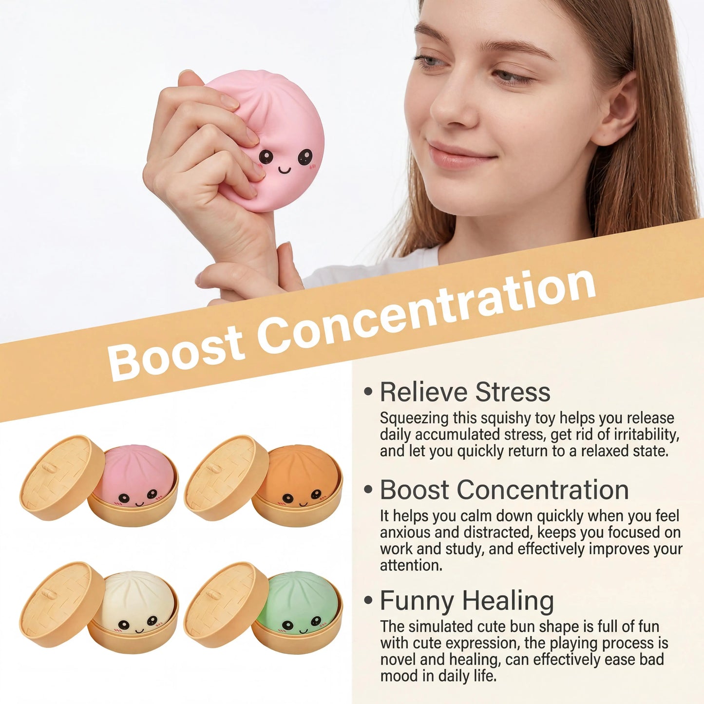 4 Color Fun Dumpling Squishy Toy With Steamer Soft Slow Resilience Toy Adult Stress Relief Sensory Ball Kid Safe Relaxation Tool Peaceful Pleasures Health and Wellness