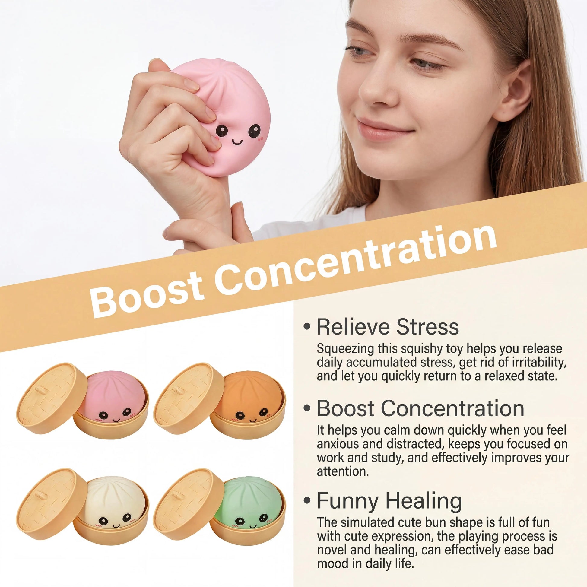 4 Color Fun Dumpling Squishy Toy With Steamer Soft Slow Resilience Toy Adult Stress Relief Sensory Ball Kid Safe Relaxation Tool Peaceful Pleasures Health and Wellness