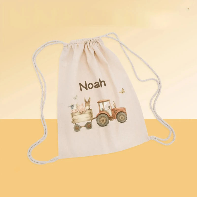 Personalized Tractor Drawstring Backpack | Custom Kids Name Bag