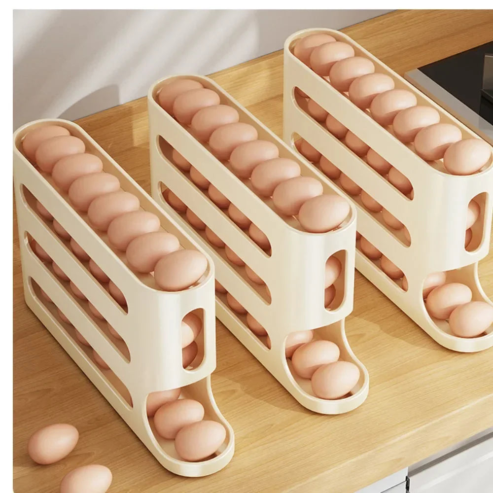 4-Layer Automatic Rolling Egg Holder Rack | Fridge Egg Dispenser & Refrigerator Organizer