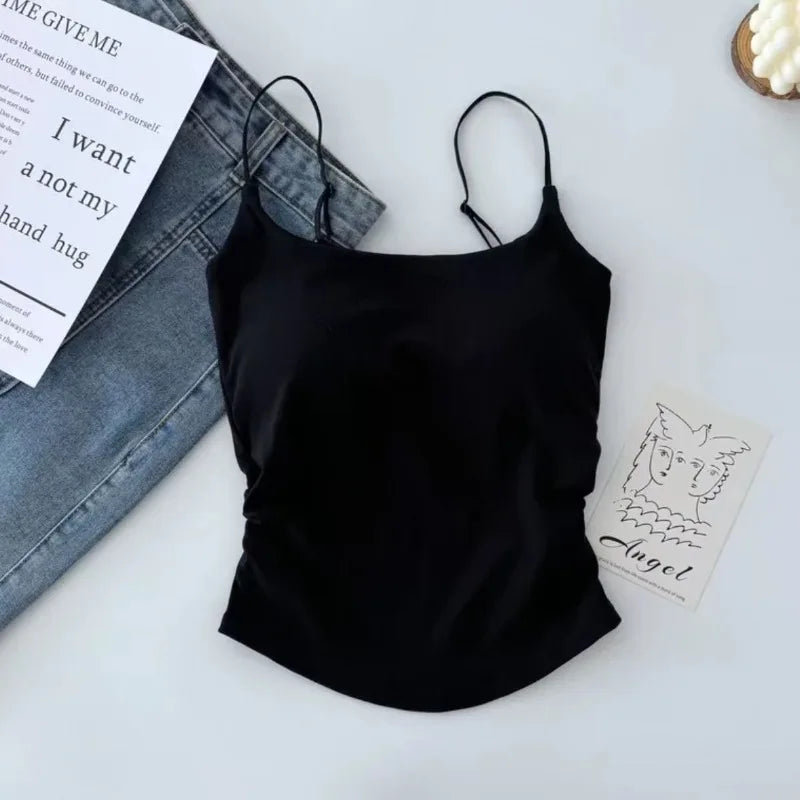 Horetong Women Pleated Camisole with Chest Cushion 2026 Spring Summer Adjustable Sleeveless Tops Sexy Sweet Slim Elastic Camis Peaceful Pleasures Health and Wellness Black One Size