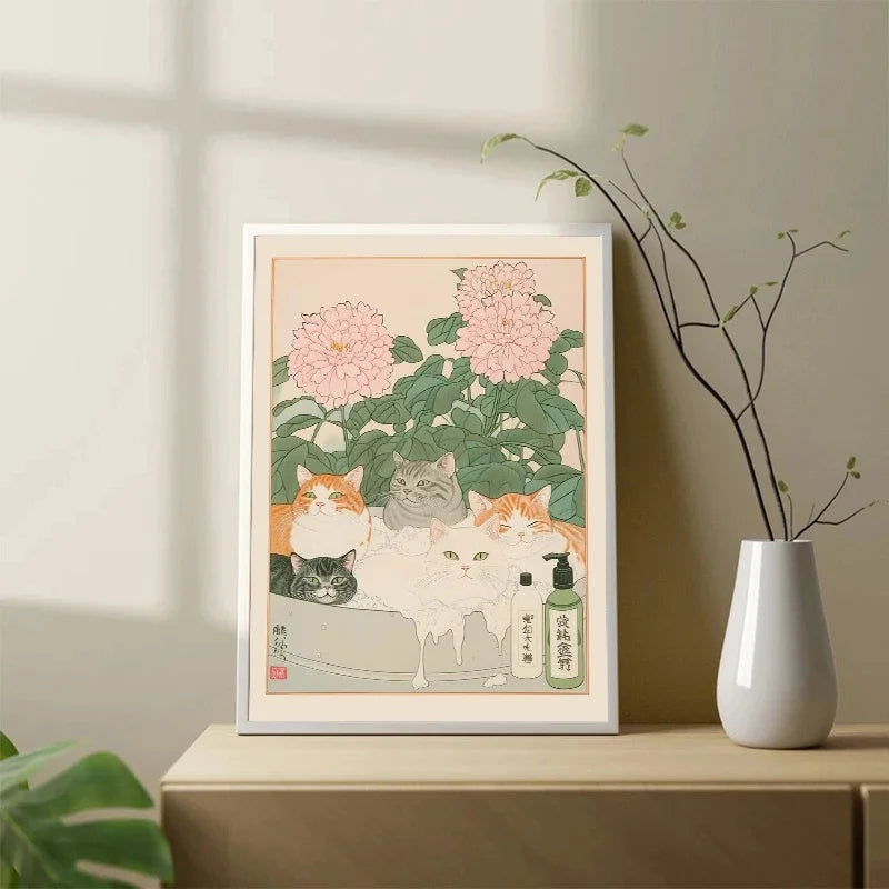 Japanese Tabby Cat in Bathtub Poster Prints Canvas Painting Retro Aesthetic Wall Art Picture Japandi Bathroom Toilet Home Decor Peaceful Pleasures Health and Wellness