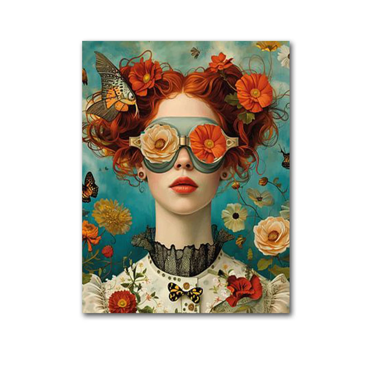 Nordic Boho Fashion Glasses Woman With Flowers Wall Art Canvas Painting Butterfly With Girl Portrait Poster Prints Mural Picture Peaceful Pleasures Health and Wellness QP10896-F 20x30cm No Frame