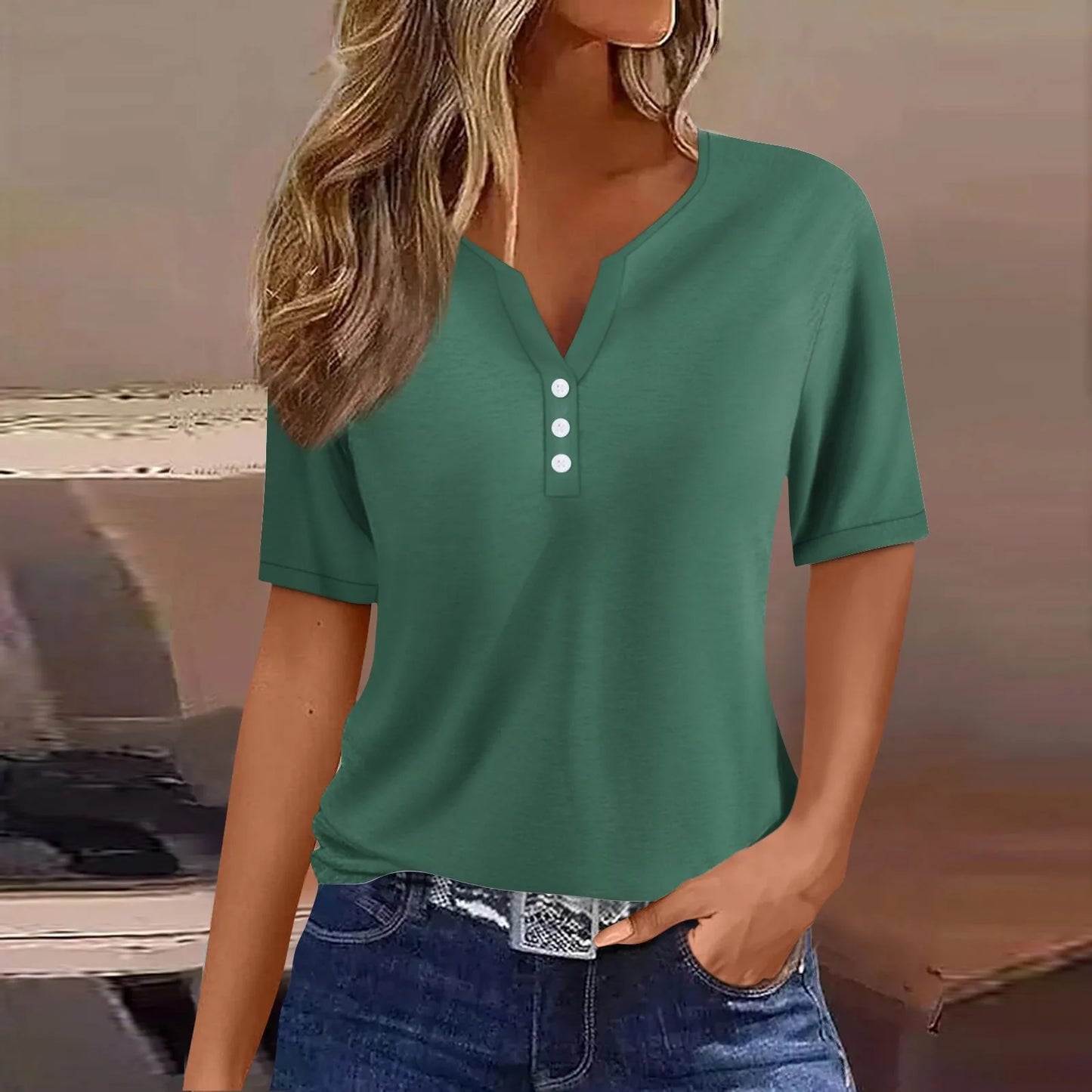 Women Summer Trendy Simple Casual Fashion Button T Shirt V Neck Short Sleeve Solid Loose Pullover Tops Plus Size Ropa De Mujer Peaceful Pleasures Health and Wellness Dark Green S