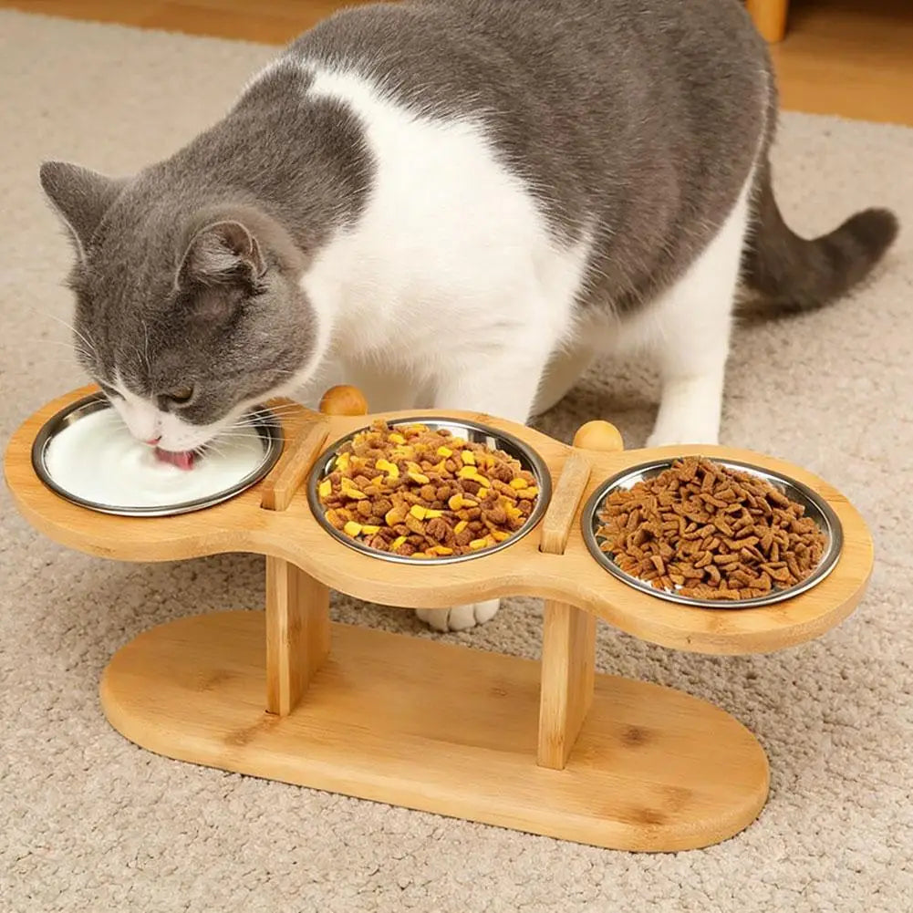 Elevated Wood Pet Feeder with 3 Stainless Steel Bowls | Cat & Dog