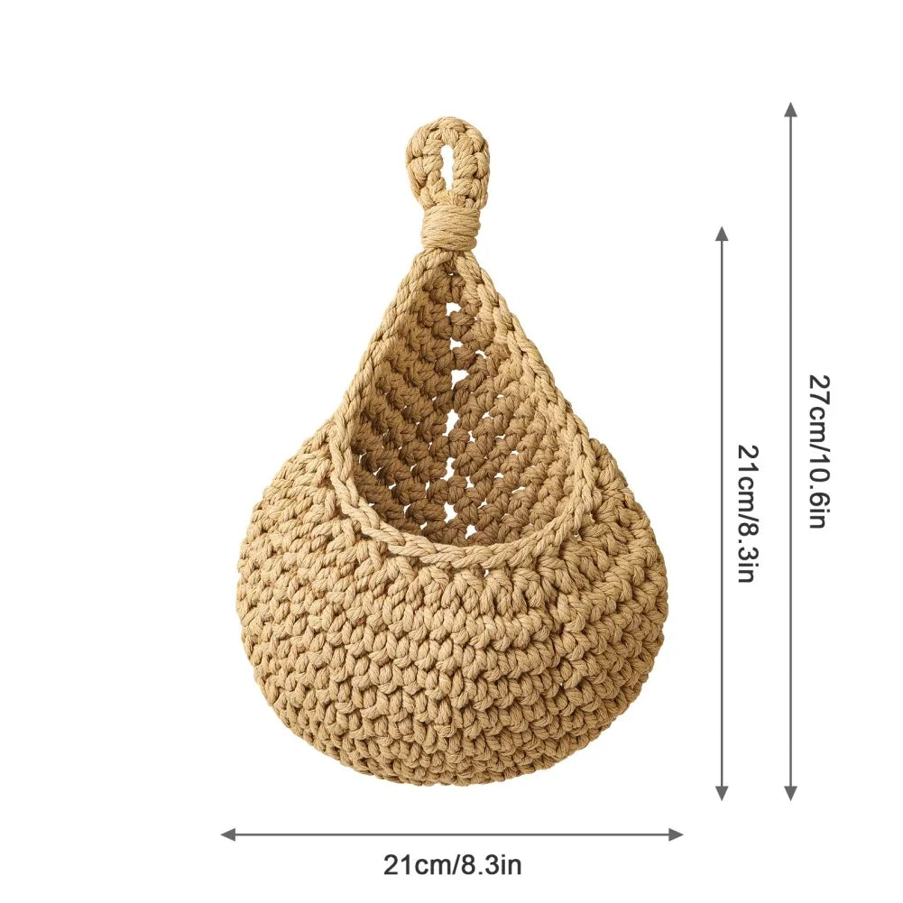 Handwoven Wall Hanging Fruit & Vegetable Basket – Boho Jute Teardrop Storage