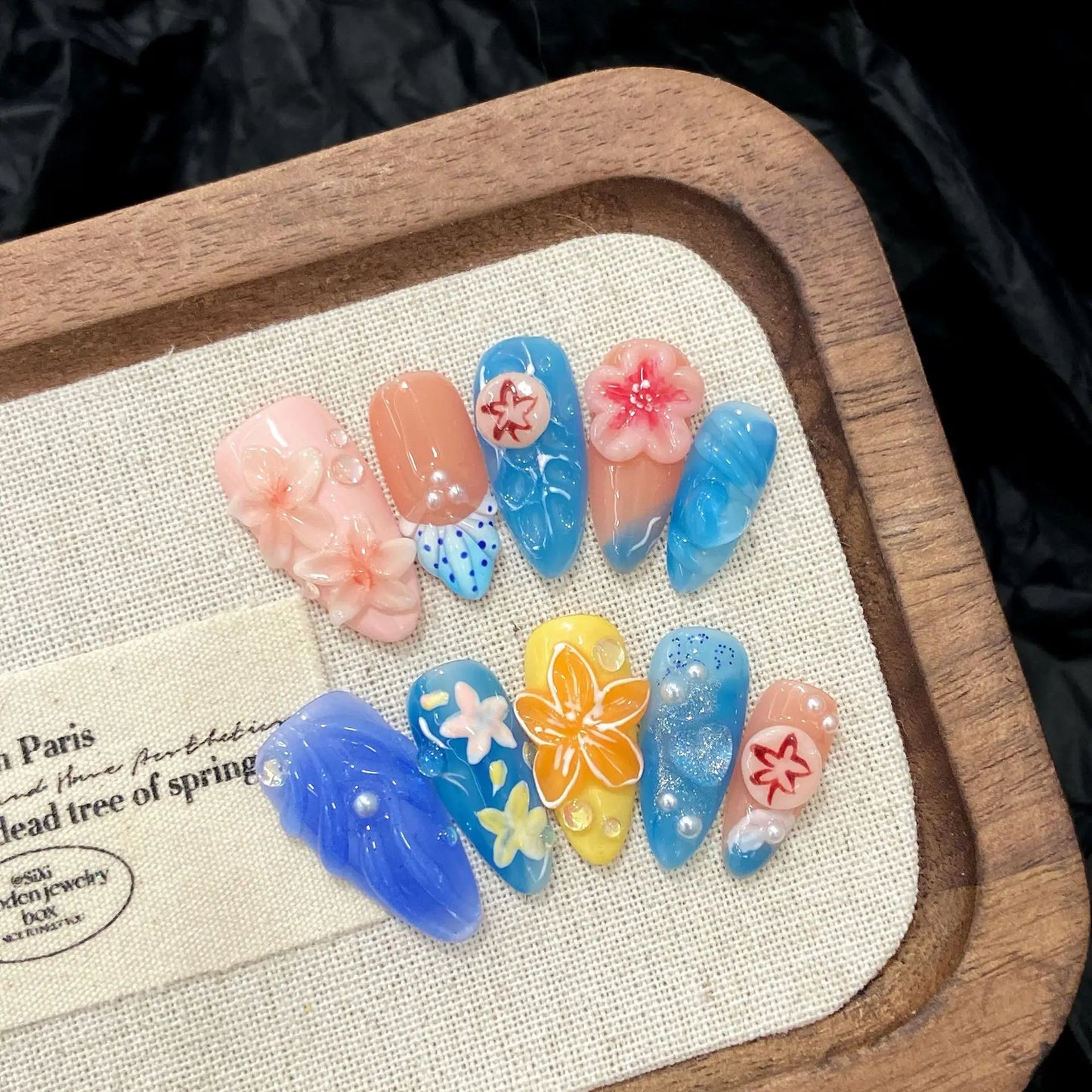 10pcs Handmade Almond Press on Nails Hand-carved Devil's Flower Design Fake Nail Tips Wearable Detachable Ins Sweet False Nails Peaceful Pleasures Health and Wellness XS 2