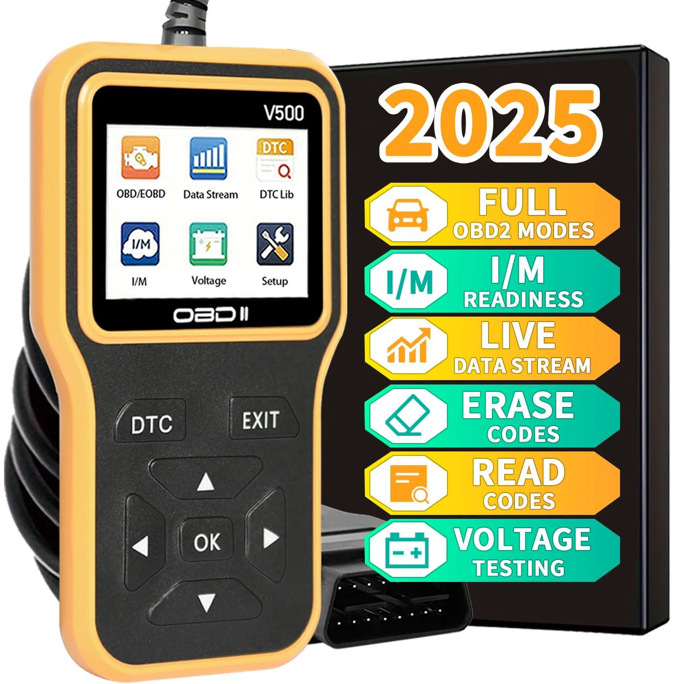 2025's Latest Obd2 Scanner Diagnostic Tool - Complete Engine Code Reader with Data Stream, I/M Readiness, Voltage Test, and Erase Functions, Obd Powered, Compatible with All Vehicles from 1996 Onwards Peaceful Pleasures Health and Wellness YELLOW