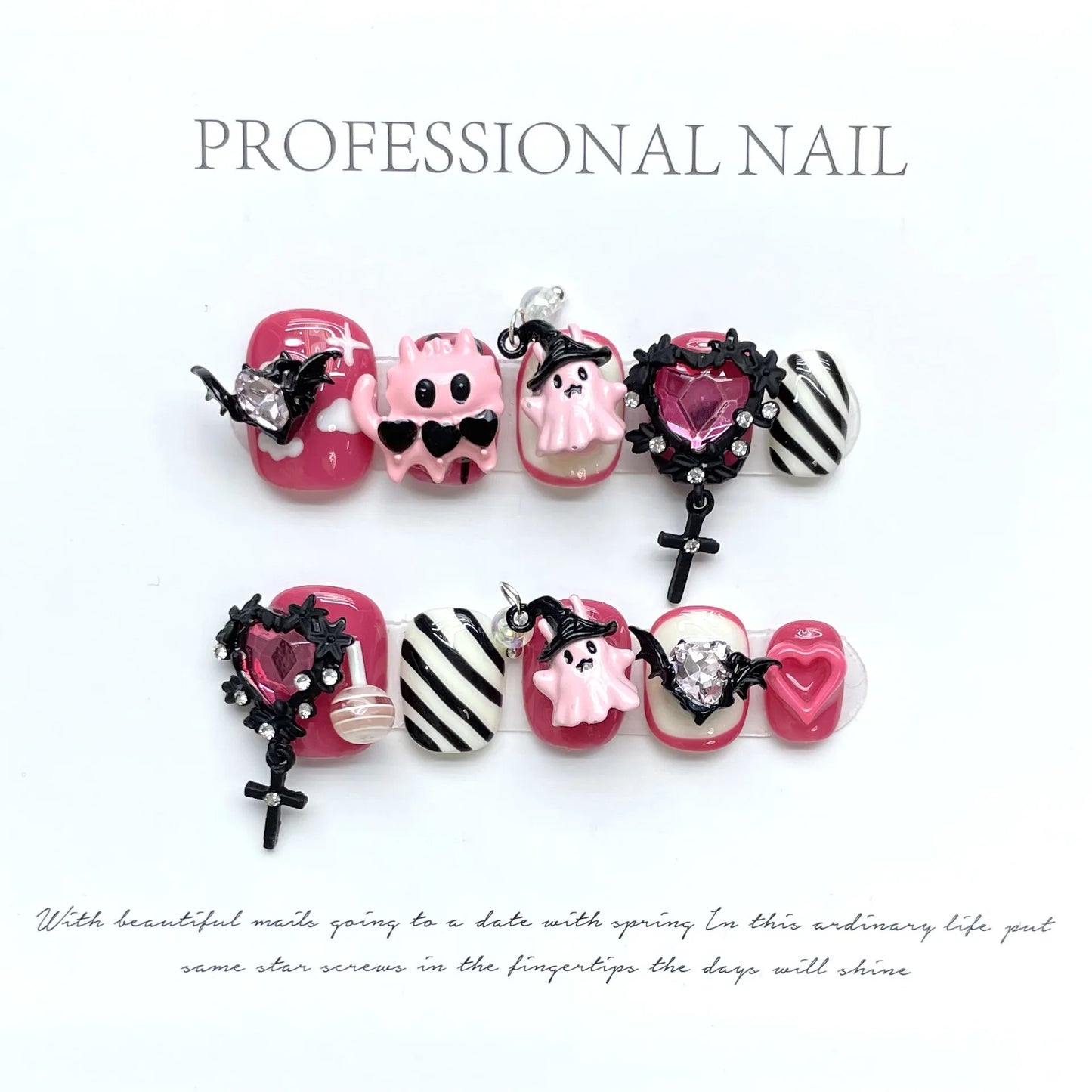 Handmade Pink Ghost Press-On Nails Y2K Crystal Design 10pcs Press-On Nail Set Peaceful Pleasures Health and Wellness XS
