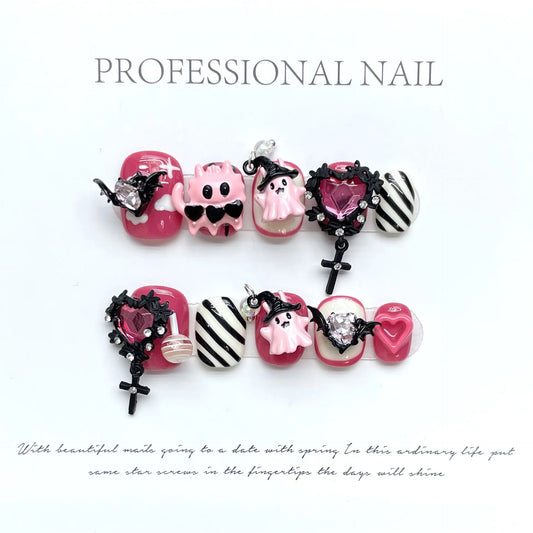 Handmade Pink Ghost Press-On Nails Y2K Crystal Design 10pcs Press-On Nail Set Peaceful Pleasures Health and Wellness XS