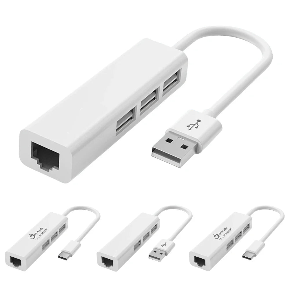 4-in-1 USB-C to RJ45 Ethernet Adapter + 3-Port USB 2.0 Hub