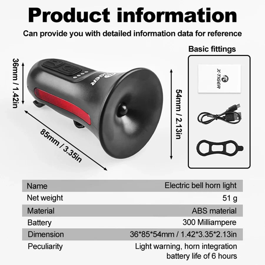 X-TIGER Electric Bike Horn & Light | USB Rechargeable IPX4