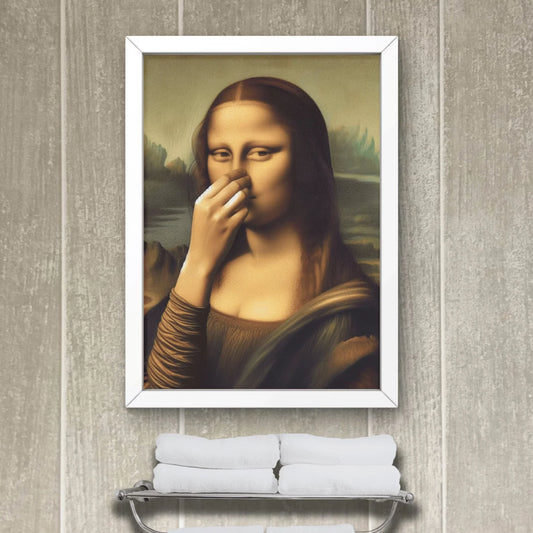 Parody Mona Lisa Bathroom Wall Art Decor Covering her Nose Vintage Bad Smell Poster Print Toilet Humor Funny Leonardo Davinci In Peaceful Pleasures Health and Wellness