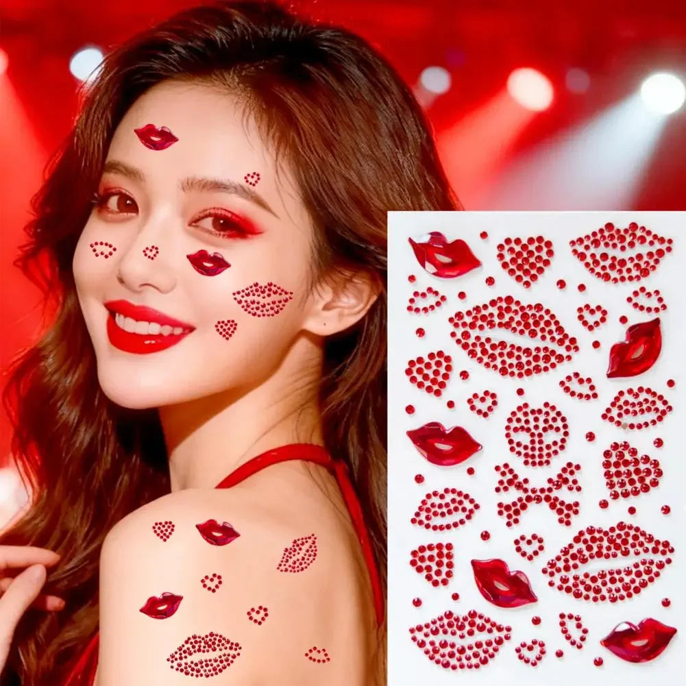 Red Heart & Lips Rhinestone Tattoos Self-Adhesive Glitter Face & Body Makeup Stickers Valentine's Day Face Gems Party Supplies Peaceful Pleasures Health and Wellness