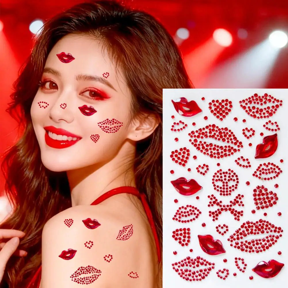 Valentine's Day Rhinestone Face Gems – Heart & Lips Stickers