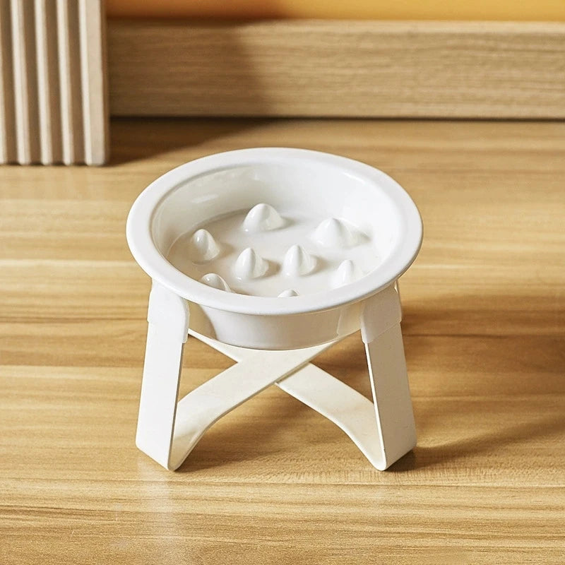 Ceramic Slow Feeder Cat Bowl with Elevated Iron Stand Elevated Cat Bowl Peaceful Pleasures Health and Wellness WHITE