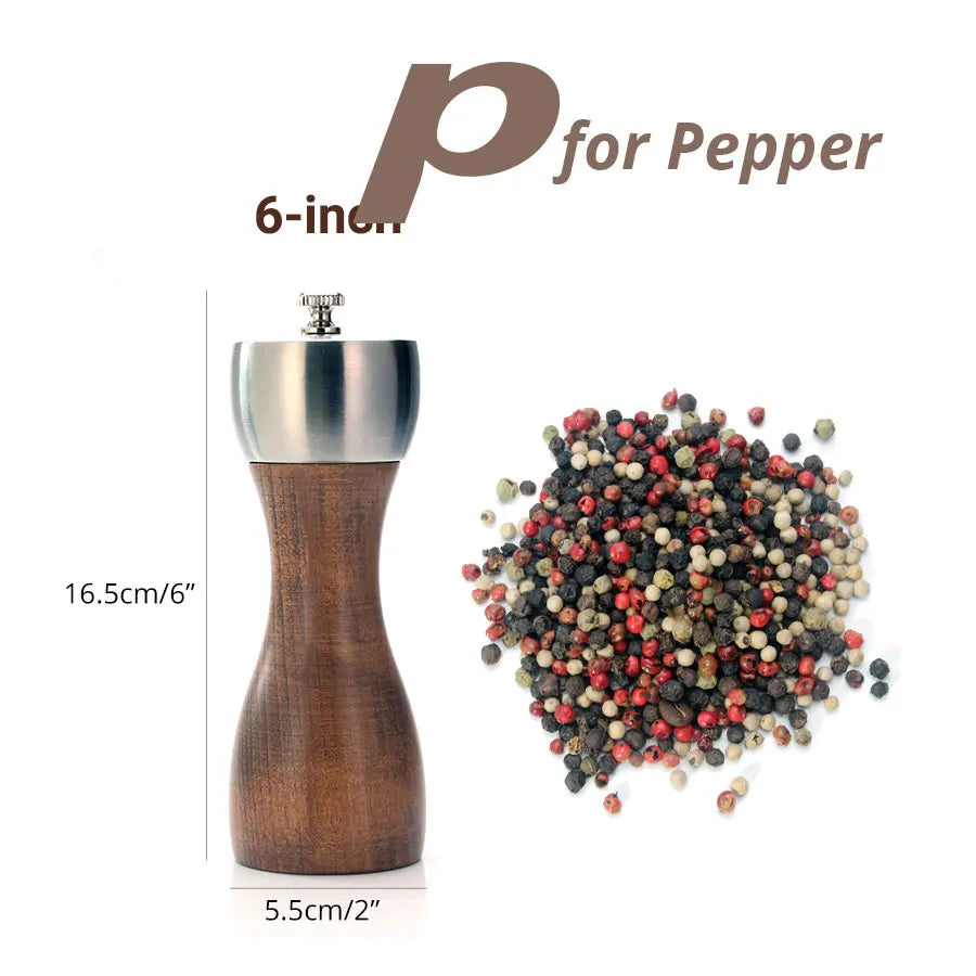 Premium Beech Pepper Mill, Salt and Pepper Grinder - Precision Carbon Steel Rotor Use for Peppercorn, Sea Salt, Pepper Peaceful Pleasures Health and Wellness 6 inch for pepper
