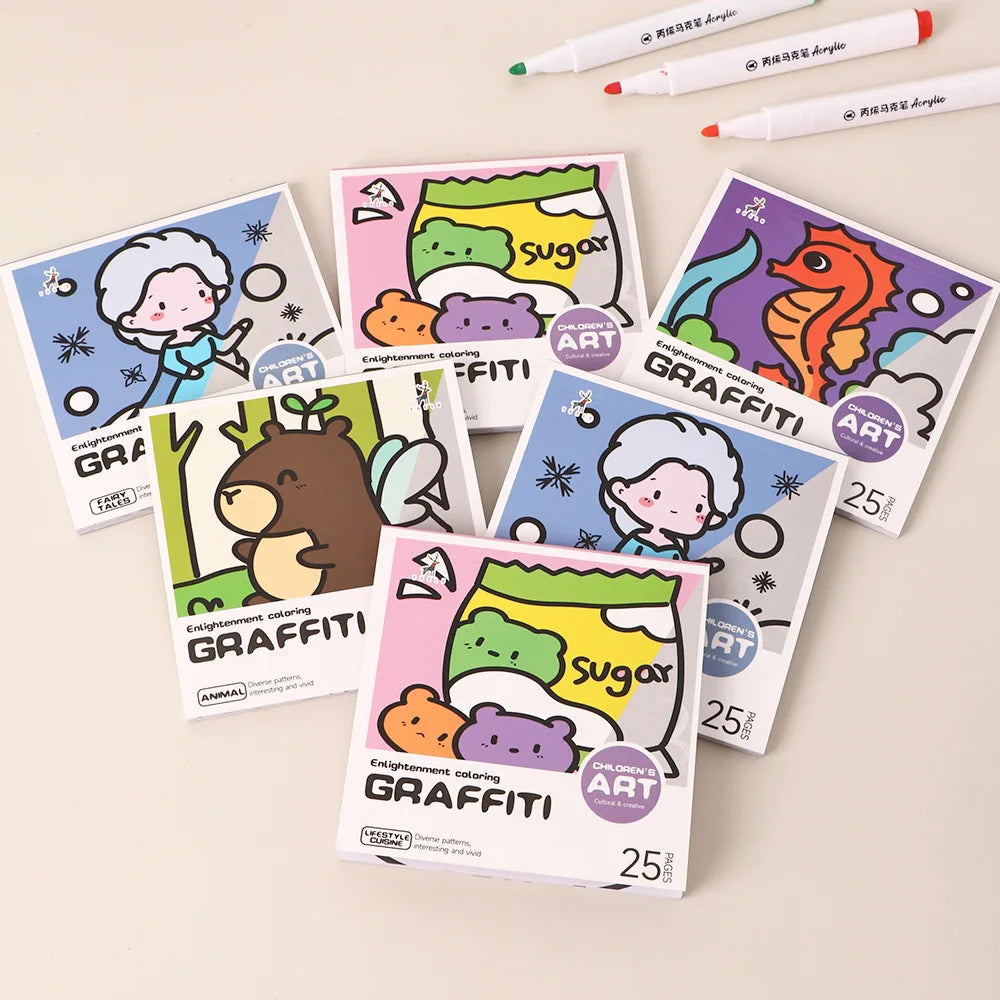 25 Sheets Cartoon Convenient Coloring Book Mini Watercolor Student
