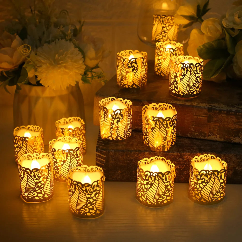 6Pcs Tea Light Candle Holders Lampshade LED Electronic Candle Light Holders Laser Hollow Paper for Votive Centerpieces Wedding Peaceful Pleasures Health and Wellness