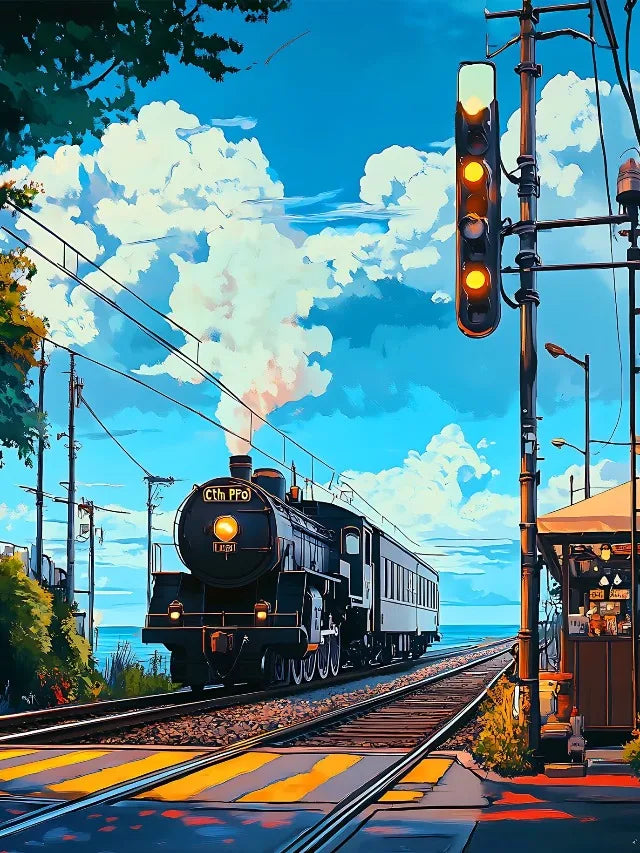 Japanese Anime Landscape Canvas Print | Tram Train Ocean Wall Art Canvas Wall Art Print Peaceful Pleasures Health and Wellness