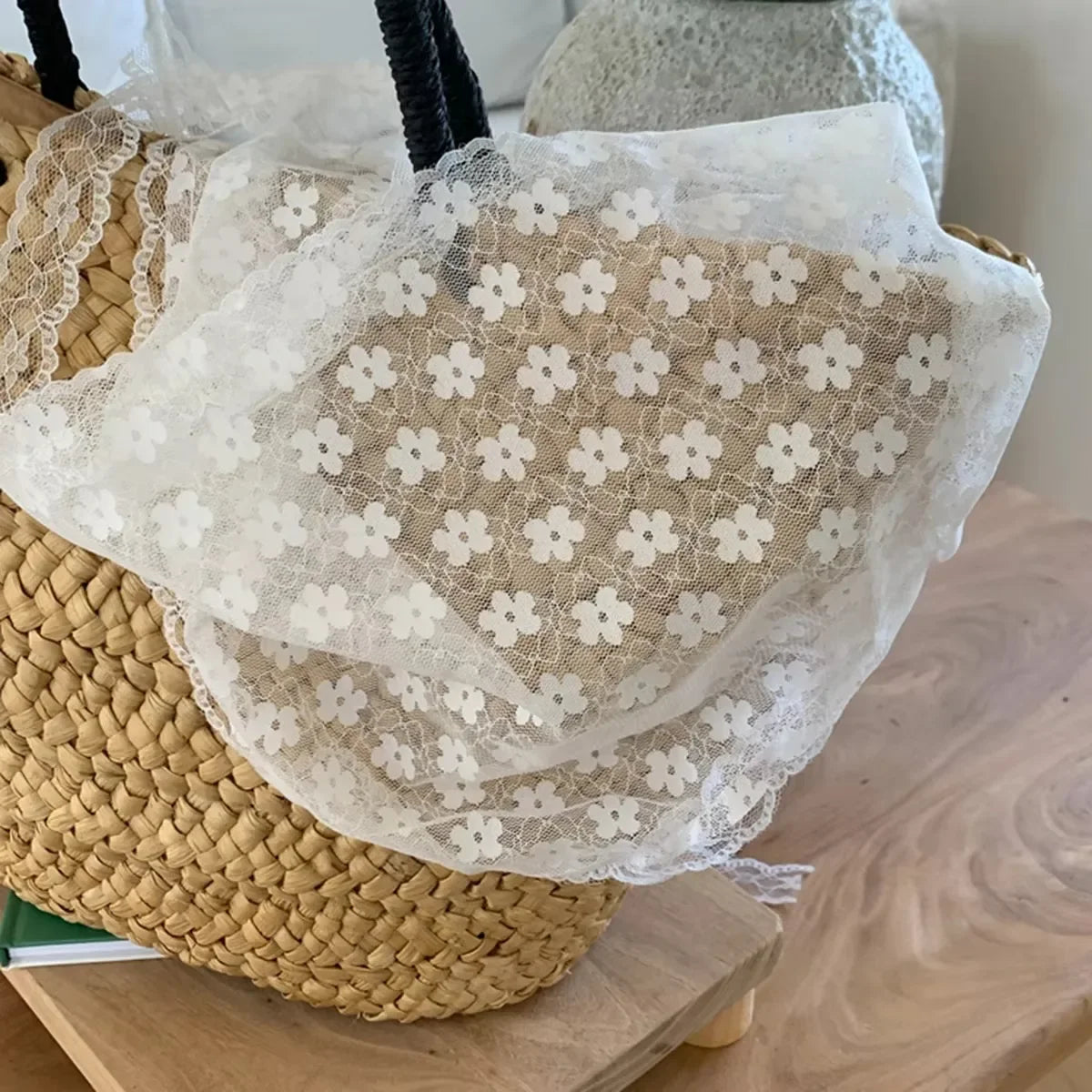 Elegant Lace Triangle Scarf for Women White Sweet Floral Design Breathable Thin Ribbon Artistic Style for Travel Photos Peaceful Pleasures Health and Wellness
