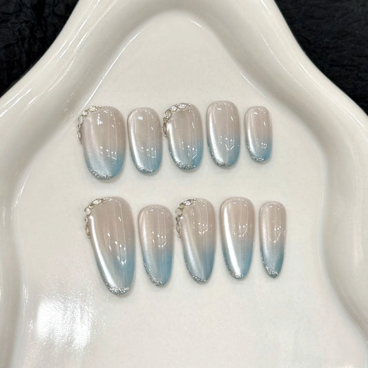 Handmade Almond Press On Nails – Gradient Blue Cat Eye French Press On Nails Peaceful Pleasures Health and Wellness