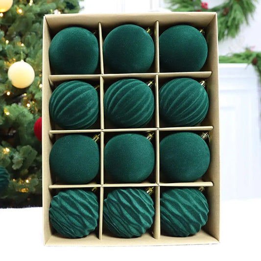 Green Velvet Flocked Christmas Ball Ornaments Set of 12 Christmas Tree Ornaments Peaceful Pleasures Health and Wellness