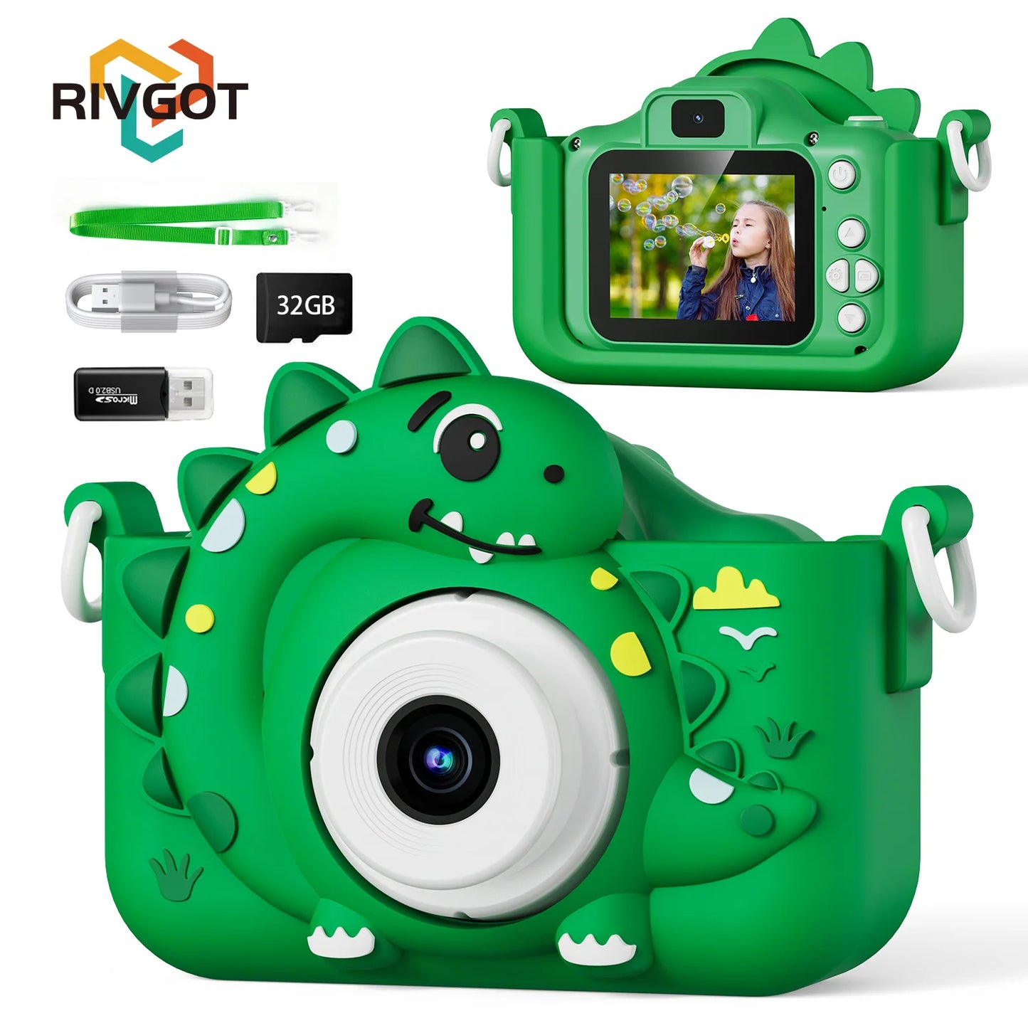 Kids Digital Camera with 32G Card Toy Girl Boy 1080p Hd Screen Outdoor Cartoon Dinosaur Camera Photography Video Birthday Gifts Peaceful Pleasures Health and Wellness Green 32G Card