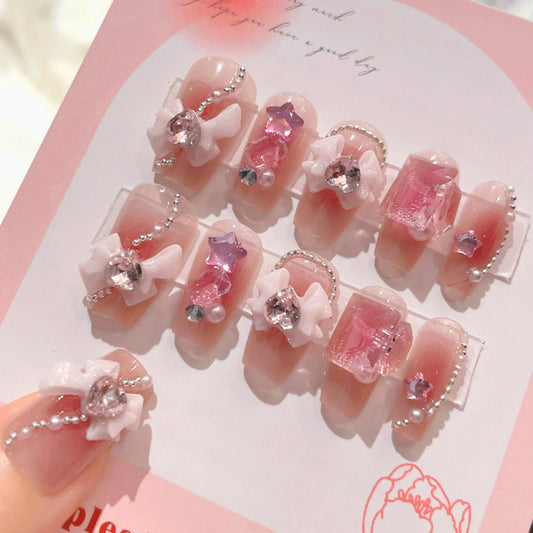24pcs Sweet Cute Bow False Nails with Pink Crystal Design Korean Fake Nail Tips for Girl Lady Wearable Full Cover Press on Nails Peaceful Pleasures Health and Wellness 5