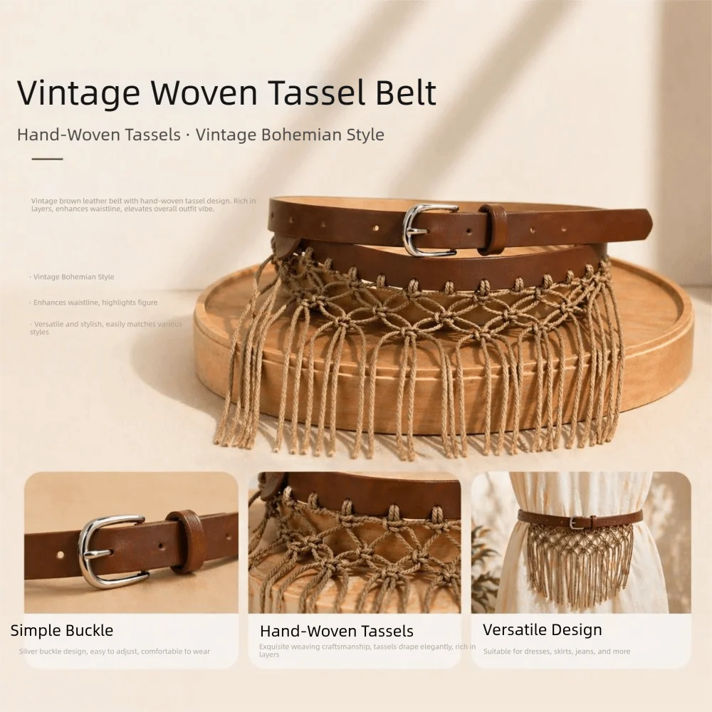 Y2K Boho Tassel Woven Belt | Retro Knit Rope Waistband Women